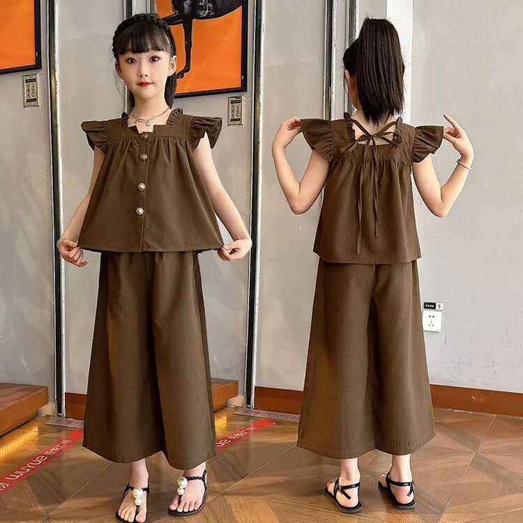 Girl Summer Sweet Solid Color Set Ruffle Shirt Doll Shirt Wide Leg Pants Two Piece Set