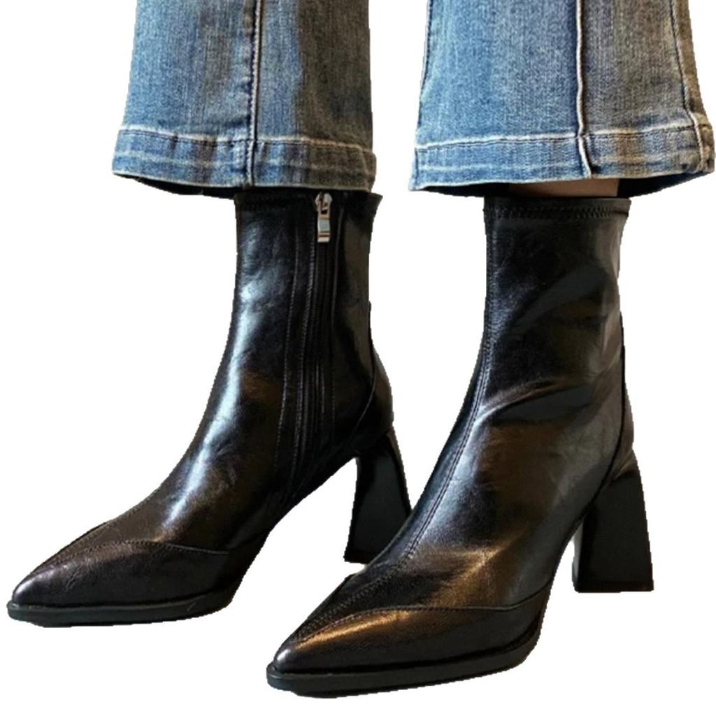 Super měkká jehněčí kůže~ špičaté francouzské tenké kozačky 2025 podzim a zima nové temperamentní kotníkové boty na vysokém podpatku dámské