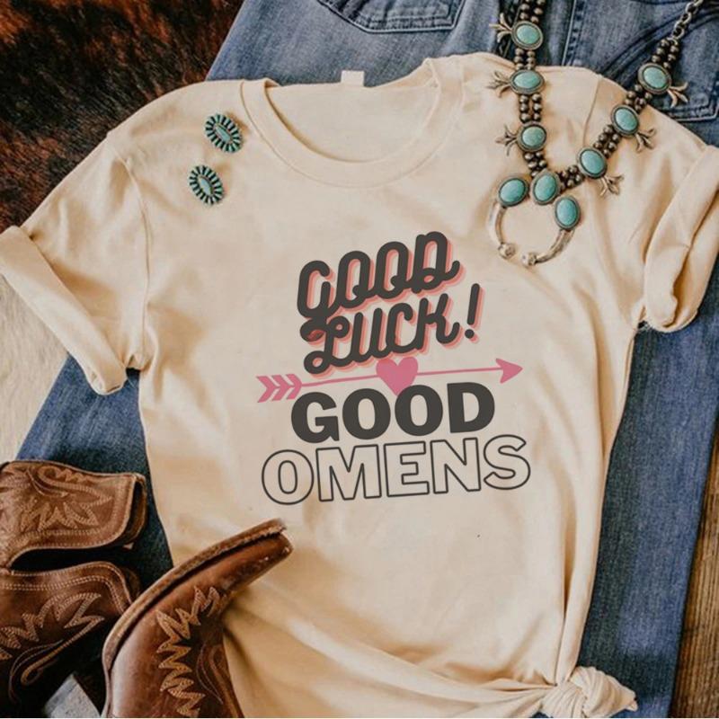 

Футболки Good Omens с готической надписью Harajuku Print Pattern Летние свободные хлопковые футболки с короткими рукавами для женщин XXXL