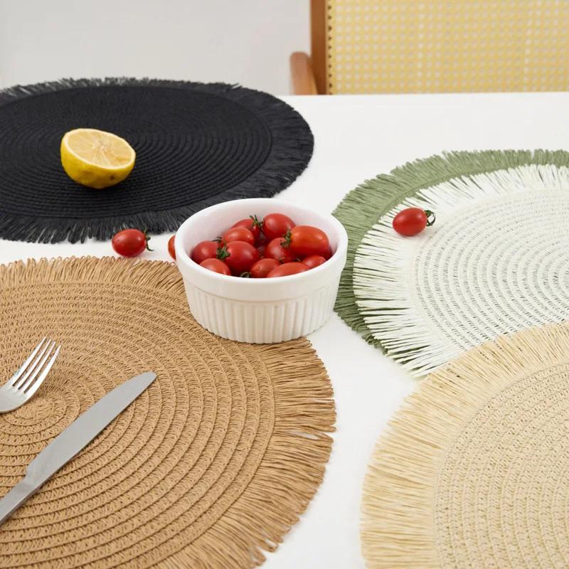 Tassel Paper Woven Placemat Solid Color Circular Lace Anti Slip Placemat Environmentally Friendly Coffee Dining Table Decor Mat