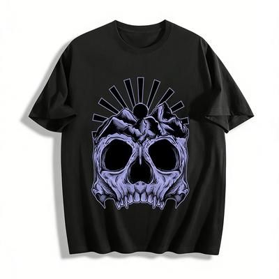 Dark Mountain Skull Graphic Cool Casual Crew Neck T-Shirt Pure Cotton T-shirt