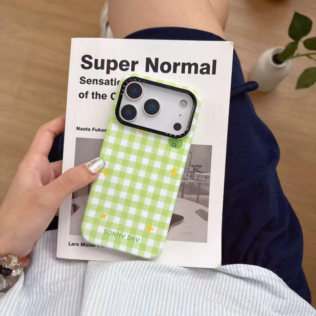 

Fresh Green Plaid Magnetic Film Case with Stand for iPhone 17 Pro Max for Women iPhone 14 Pro Max