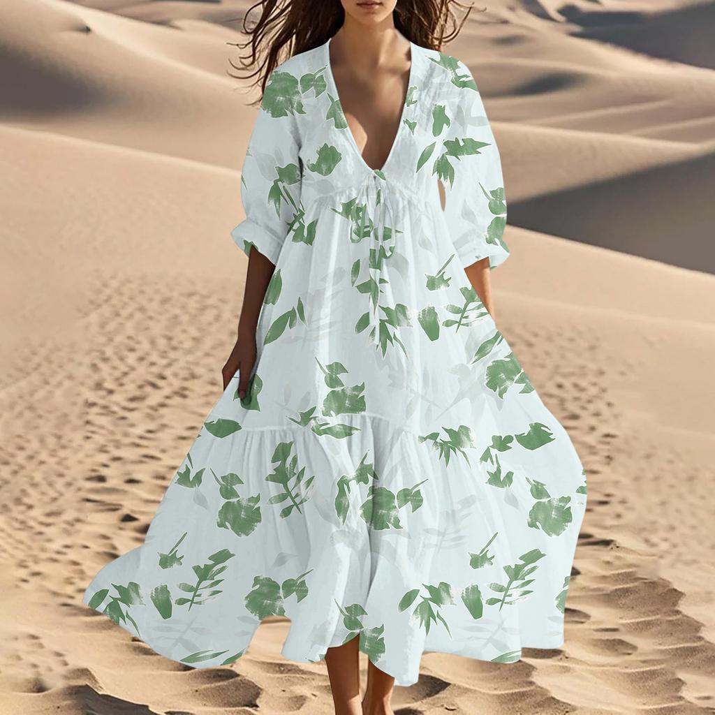 Rochie Lungă de Plajă de Vară pentru Femei, cu Decolteu în V, Vintage, cu Imprimeu Floral, cu Șireturi și Aplicații