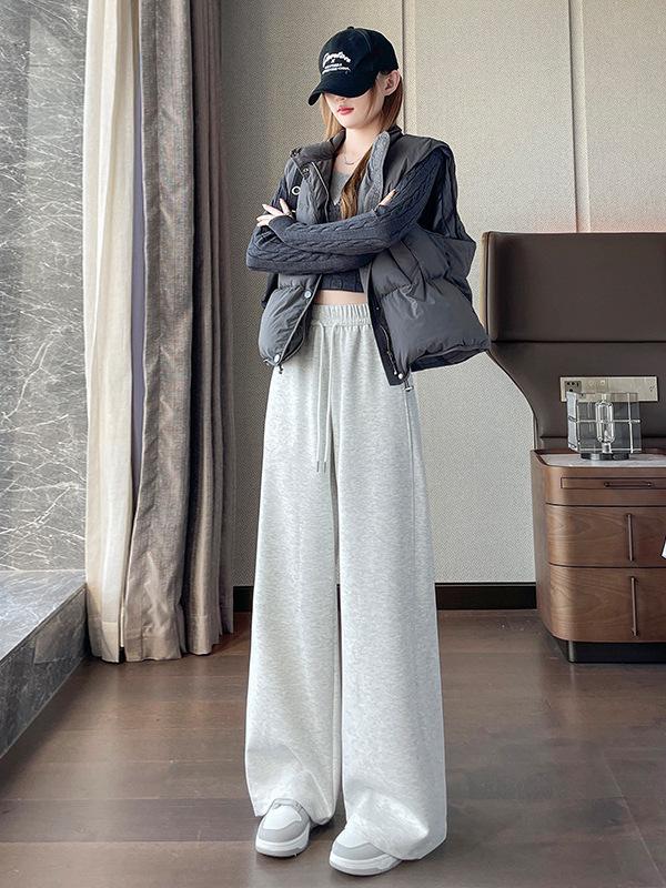 Women's Black Cotton Wide-Leg Pants - Thickened, Slimming, High-Waisted, Casual Winter Trousers with Plus Velvet. Free Shipping.
