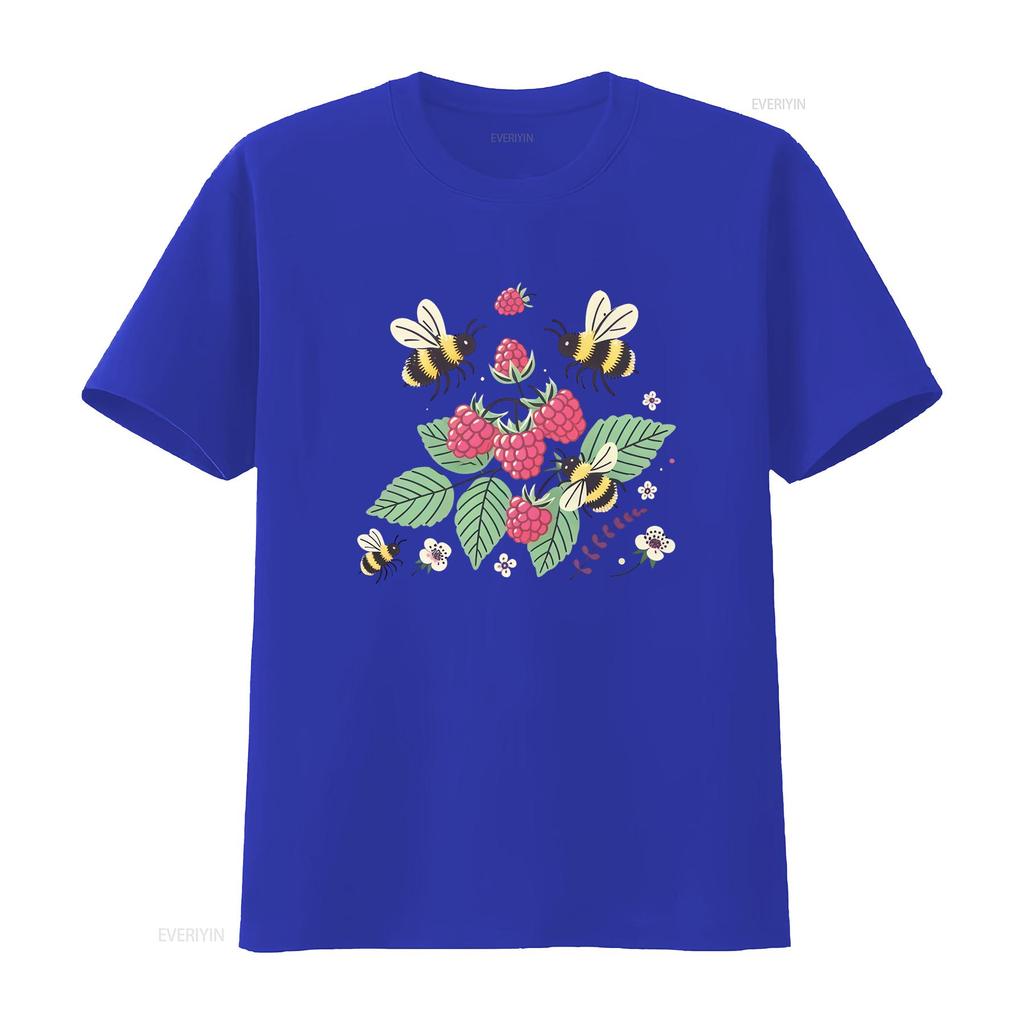 Cute Cartoon Bumblebee Raspberry Wild Floral Nature Print Casual T Shirt vintage Washed Stylish Unisex Stretched Versatile