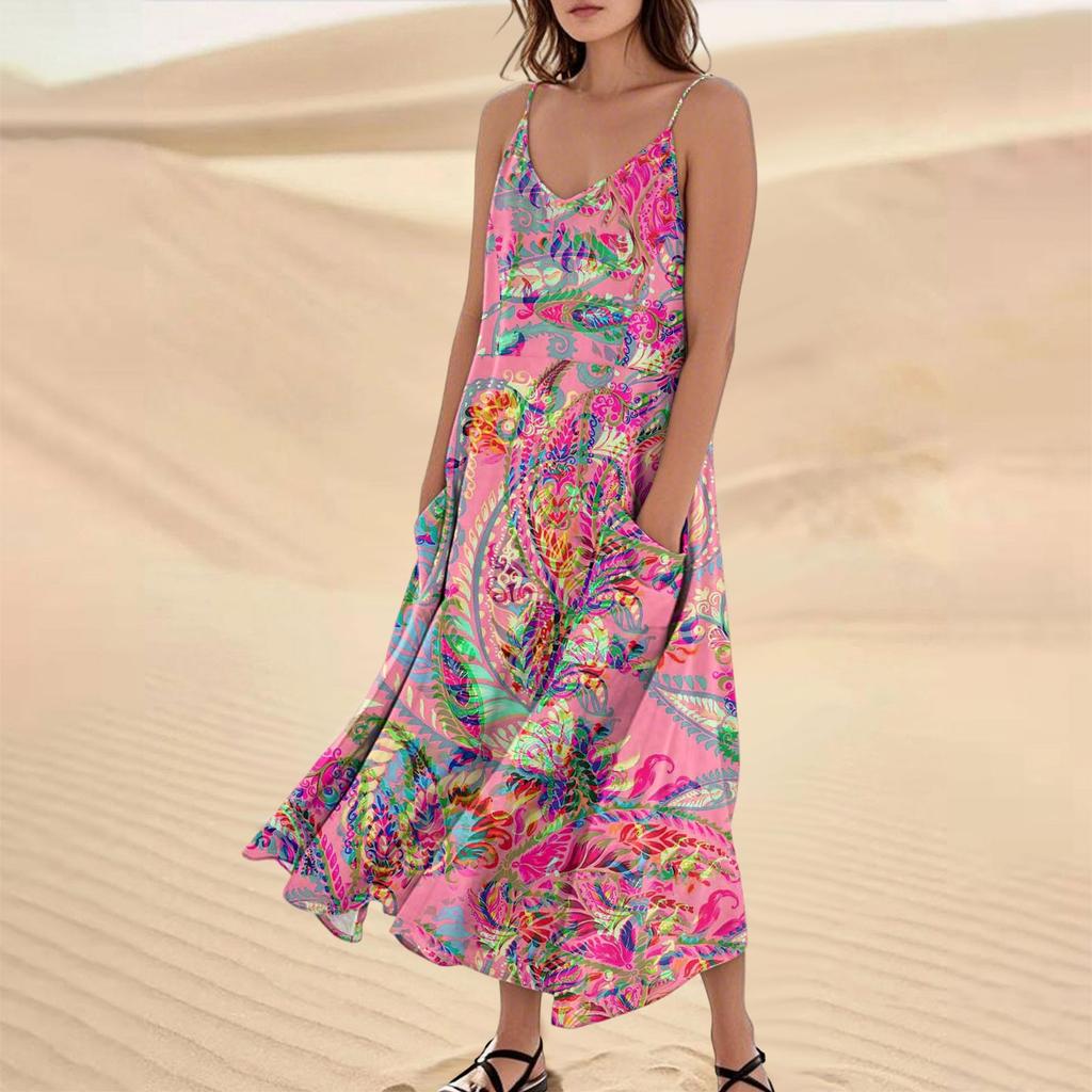 Women's Fashion Casual Floral Print Sleeveless Pocket Long Beach Dress