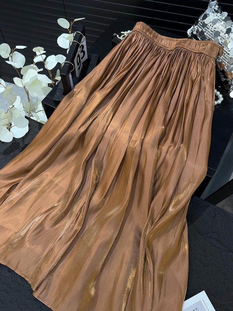 High-Waisted Retro Pleated A-Line Chiffon Skirt with Pearlescent Sheen