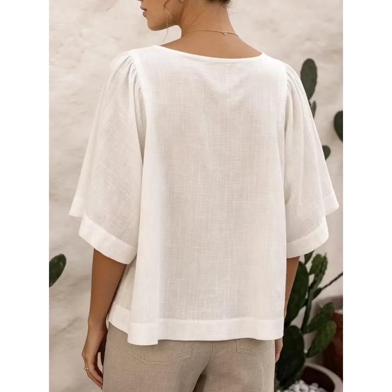 Women Casual Fashion Versatile V Neck Solid Color Shirt