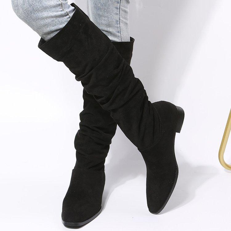 2025 Winter New Pleated Boots Women's Foreign Trade Large Size Tall Martin Boots European and American Suede Thick Heel Piled Riding Boots