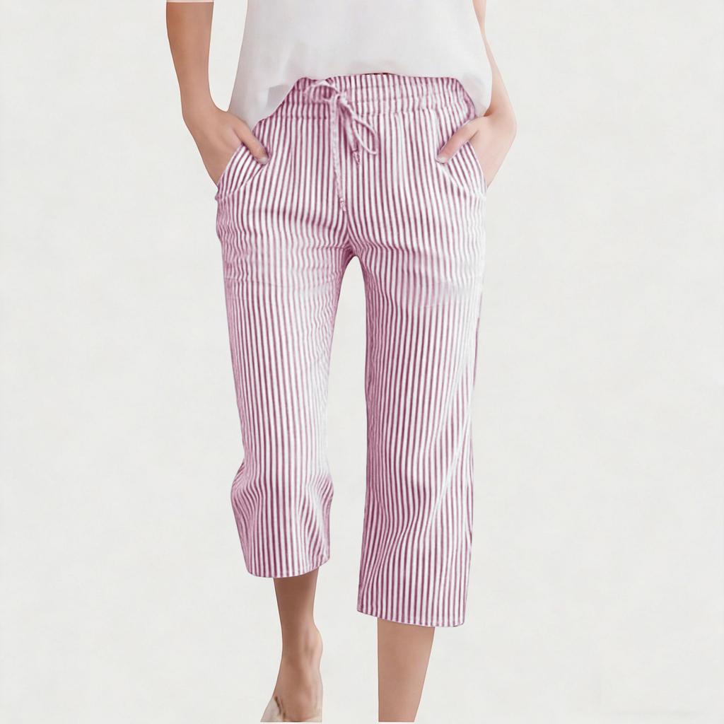Children's Fashionable Cute Striped Elastic Waist Pocket Casual Girls' Cropped Pants