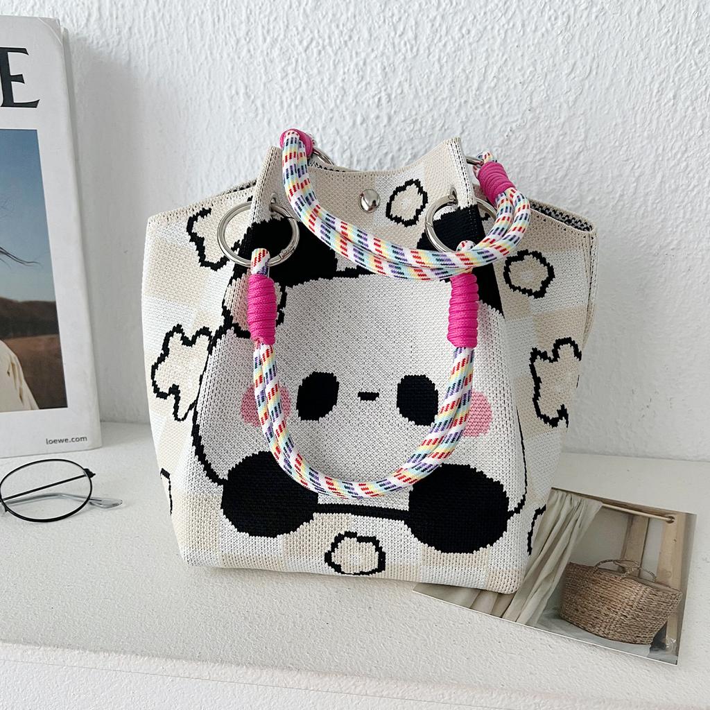 Spring Cute Red Panda Knitted Bucket Bag Female Cartoon Versatile Hand Bag Commuting Portable Handbag