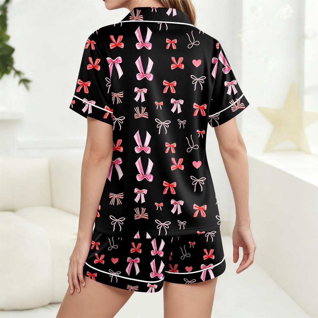Damen Casual Mode Weihnachts-Print Kurzärmeliges Hausanzug-Set mit Knopfleiste, Kurzarm-T-Shirt und Shorts
