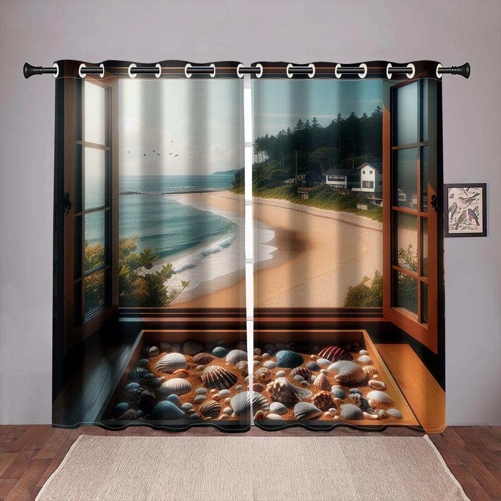 Summer View Beach Ocean Shell Natural Senery Tree Curtains for Bedroom Window Drapes Living Room Home Decoration Kitchen Office