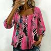 Women Square Neck Blouse Teal Leopard Floral Patchwork Print Ruffle Three Quarter Sleeve Shirt