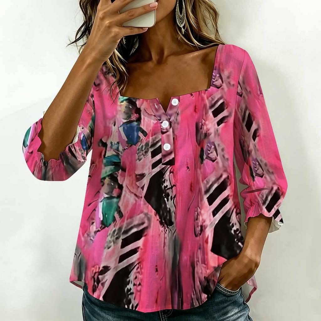 Women Square Neck Blouse Teal Leopard Floral Patchwork Print Ruffle Three Quarter Sleeve Shirt