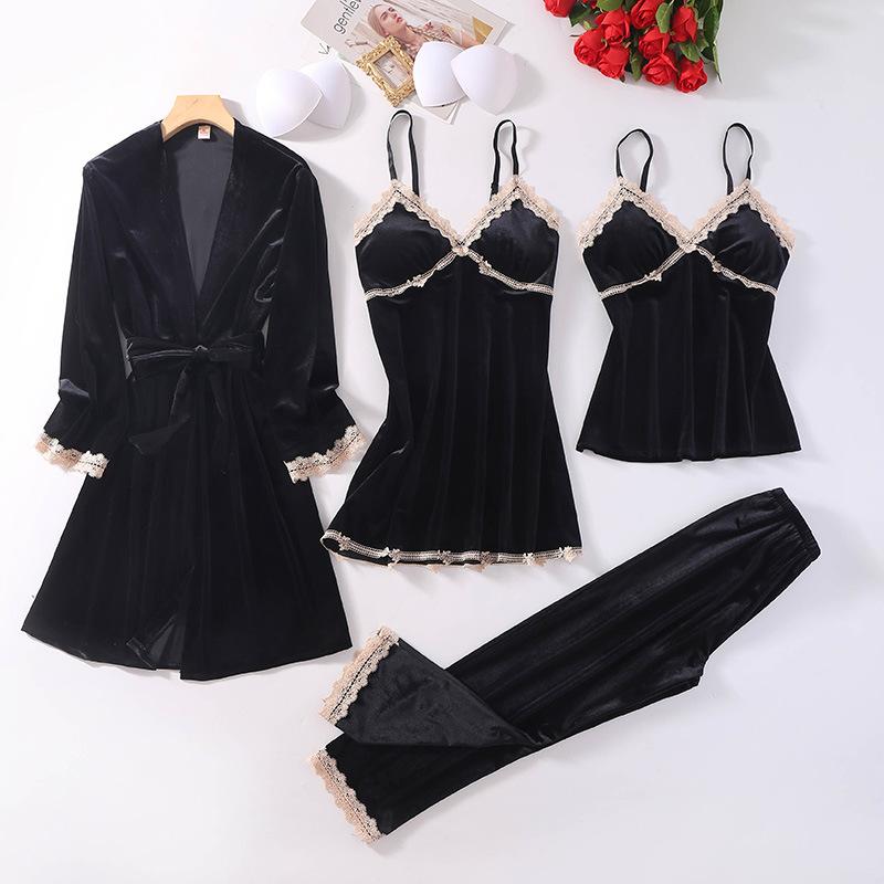 Burgunder Velours Pyjama Anzug Frauen 4PCS Kimono Robe Nachthemd Set Nachtwäsche Dame Winter Warm Gestreiften Gold Samt Bademantel Kleid