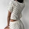 Pijama subțire de vară, cu imprimeu în formă de inimă, din crep de bumbac pur, pentru femei, set din două piese cu mânecă scurtă și pantaloni scurți cu șliț