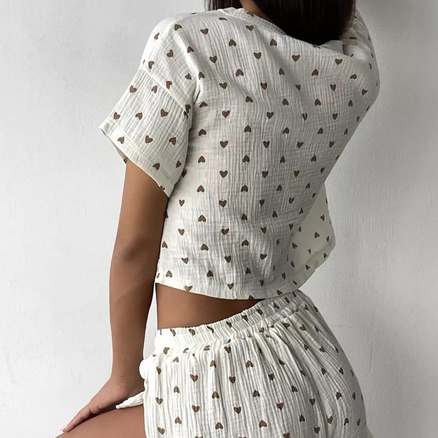 Pijama subțire de vară, cu imprimeu în formă de inimă, din crep de bumbac pur, pentru femei, set din două piese cu mânecă scurtă și pantaloni scurți cu șliț