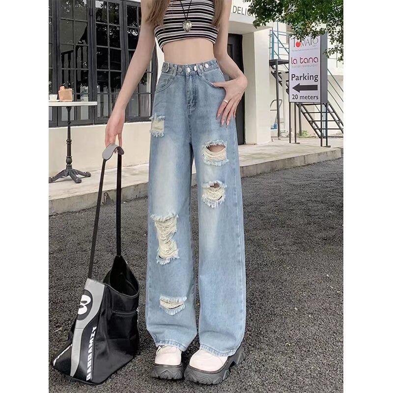 Women's Slimming High Waist Ripped Jeans - Summer 2024 Collection, Thin & Loose Wide-Leg Straight Pants, Small Sizes.
