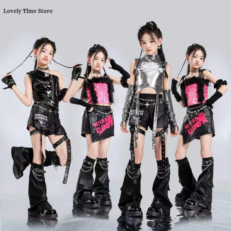 Girls Hip Hop Shiny Crop Top Pants Kids K-pop Jazz Shorts Dance Culottes Clothes Sets Children Streetwear Girl Group Costume