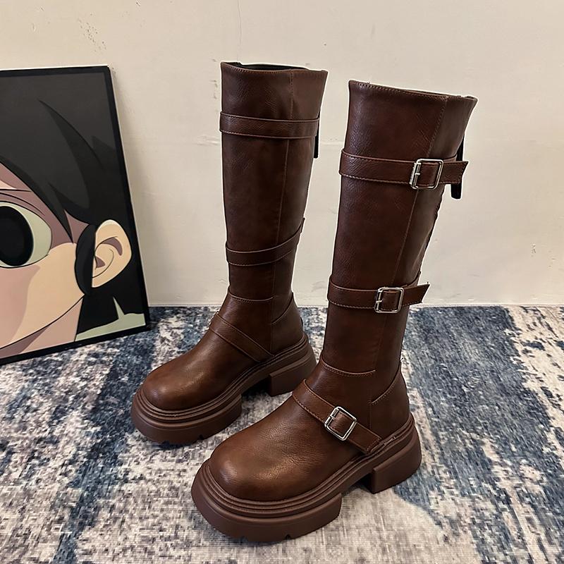 Punk Style Thick Heel Woman Knee High Boots Fashion Belt Buckle Zippers Shoes Female Knight Booties Shoes