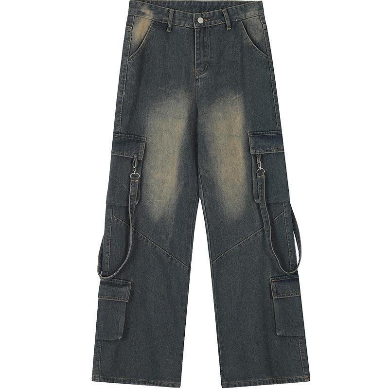 

І робочий одяг Джинси Жіночий американський стиль High Street Design з розпущеними лямками Висока талія Вільний крой Прямі штани Повсякденні широкі довгі штани XL темно-синього кольору