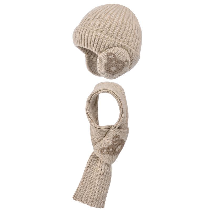 

Детская шапка с мультяшным медведем, шарф, комплект из двух предметов, зимний теплый свитер, шапка для мальчиков и девочек, защита ушей, вязаная шерстяная шапка бежевый