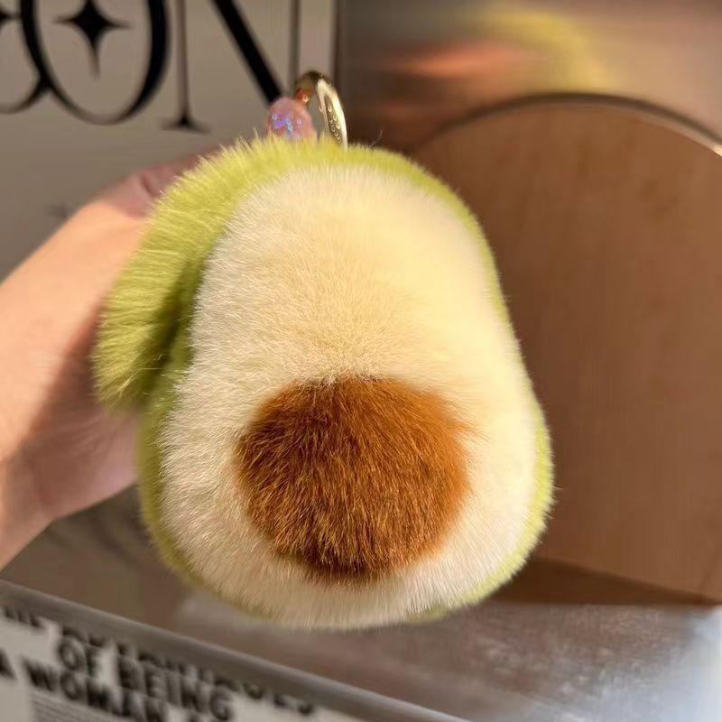 

Cute Avocado Rex Rabbit Fur Keychain: Plush Ball Charm for Backpacks and Bags