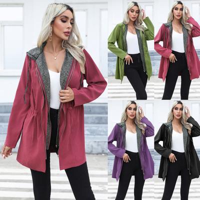Women's Casual Waist Double Zipper Contrast Color Jacket Mid-length Long-sleeved Hooded Windbreaker