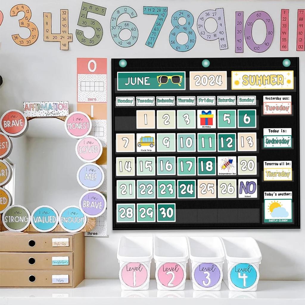 Classroom Calendar Pocket Chart Display And Weather Station Set-Groovy Classroom Decor,Class Calendar Kit for Classroom Organization,Bulletin Board