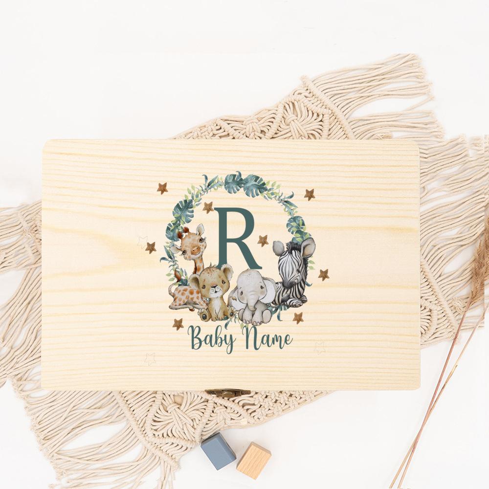 Baby Memory Box As A Gift for A Birth or Baptism Personalized Wooden Keepsake Boxes Newborn Animal with Name Birth Dates Case