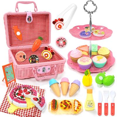 VBACALA Play House Set 43PCS Picnic Camping Toy 2 Layer Cake Stand Ice Cream Fruit Dessert Bread Afternoon Tea Pretend Play Indoor Play Kitchen Toy