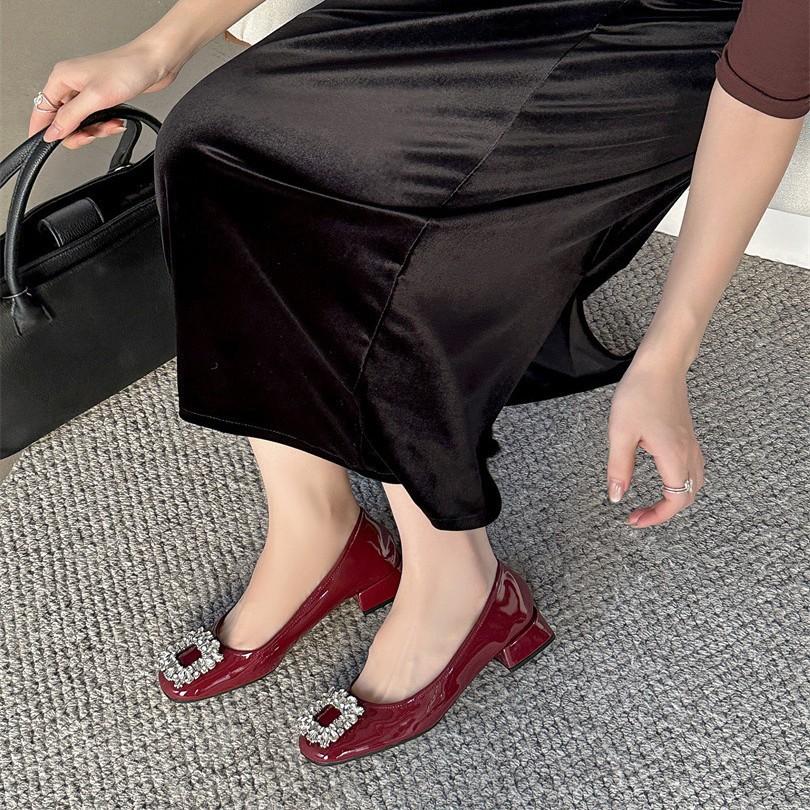 Temperament rhinestone square buckle single shoes fairy shoes 2025 Korean version inner height increase one pedal commuter shoes