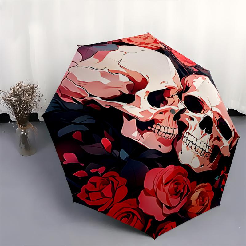 1pc Romantic Skulls & Roses Auto Open Close Umbrella, Portable Folding Design with Iron Frame for Outdoor Use, Perfect Gift for Fans, Travelers,
