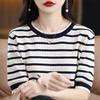 Crew Neck Striped Cotton Short-sleeved Women's Summertime Bottoming Shirt Relaxed Fit Versatile Cotton Thread T-shirt