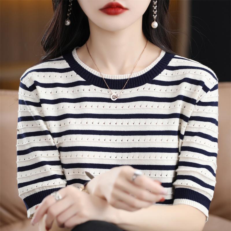 Crew Neck Striped Cotton Short-sleeved Women's Summertime Bottoming Shirt Relaxed Fit Versatile Cotton Thread T-shirt