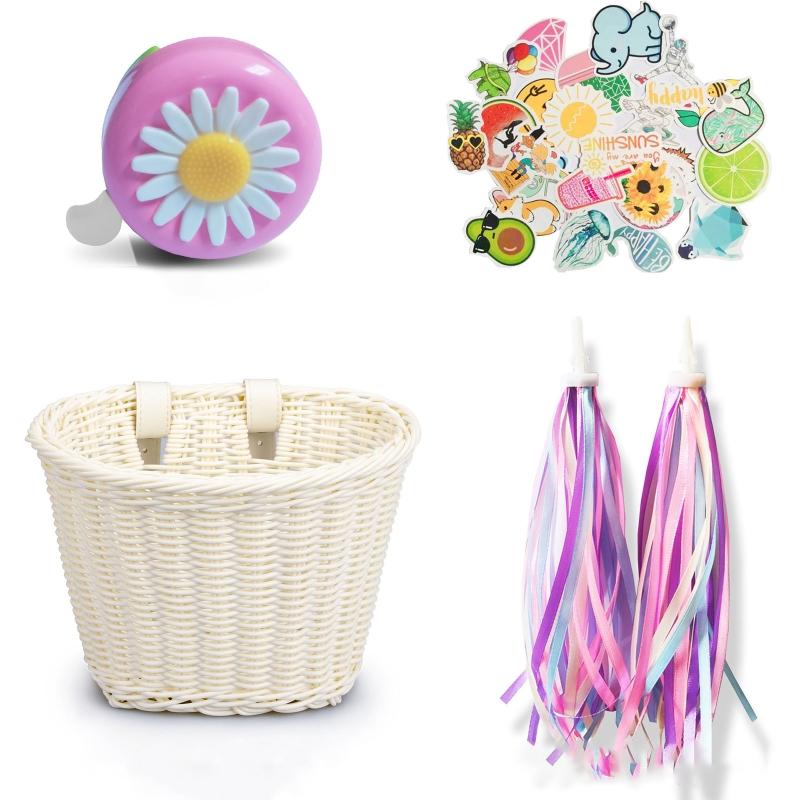 Kids Bike for Banner Set, Bicycle Handlebar Wicker Basket with Colors and Bike Bells and Decals, Boys Girls Bike Decorat