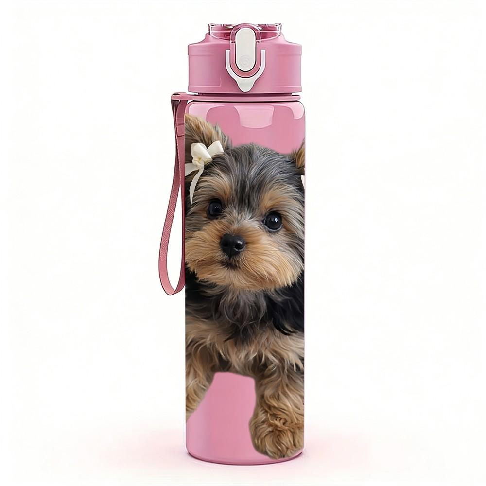 1PC Fluffy Faced Yorkie Puppy 750ml Color Plastic Sports Water Bottle Leakproof Flip Straw Lid Suitable for Sports Office Home Use