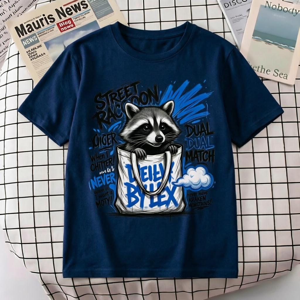 

Cute Raccoon in Bag Streetwear Graphic TShirt Unisex Women Black Cotton Casual Tee 4XL