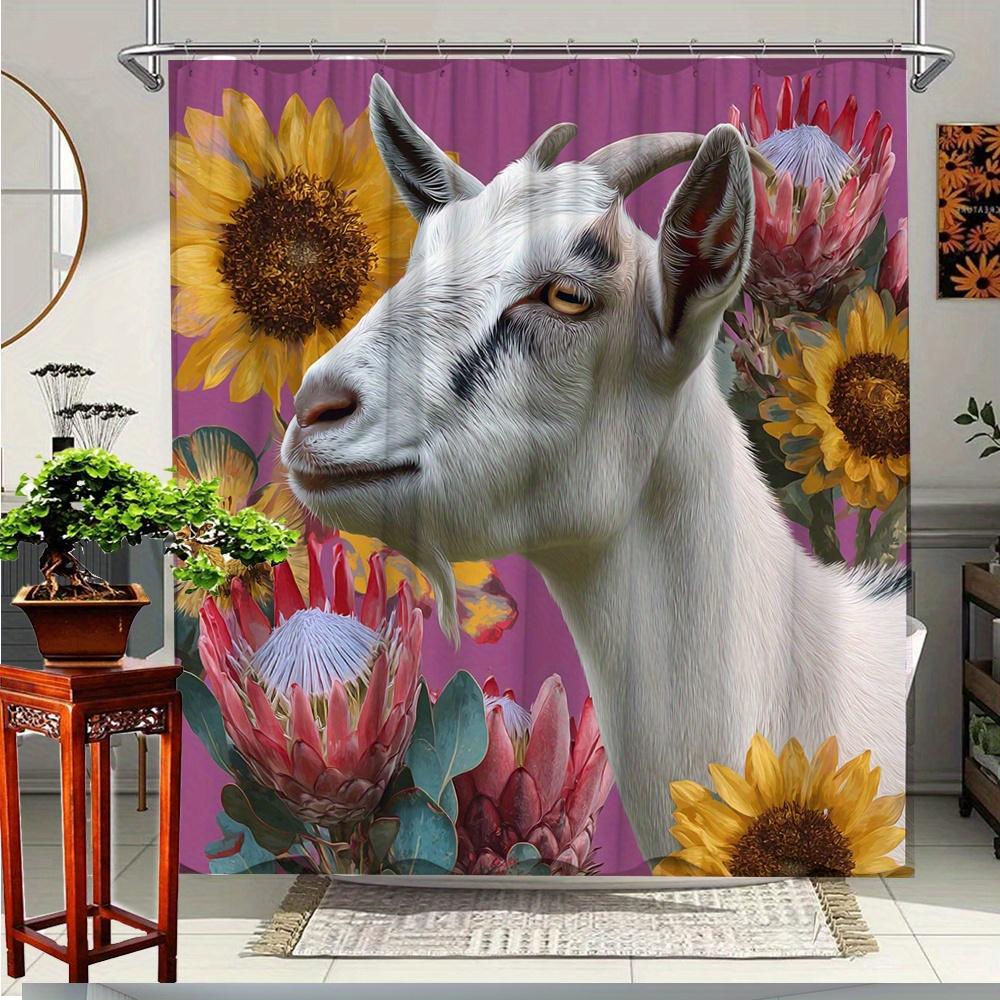 

1Pc Goat Floral Shower Curtain - Stylish Bathroom Decor With Sunflowers & Proteas, Polyester Fabric, Includes 12 Hooks, W60H190(CM)-1 Pcs