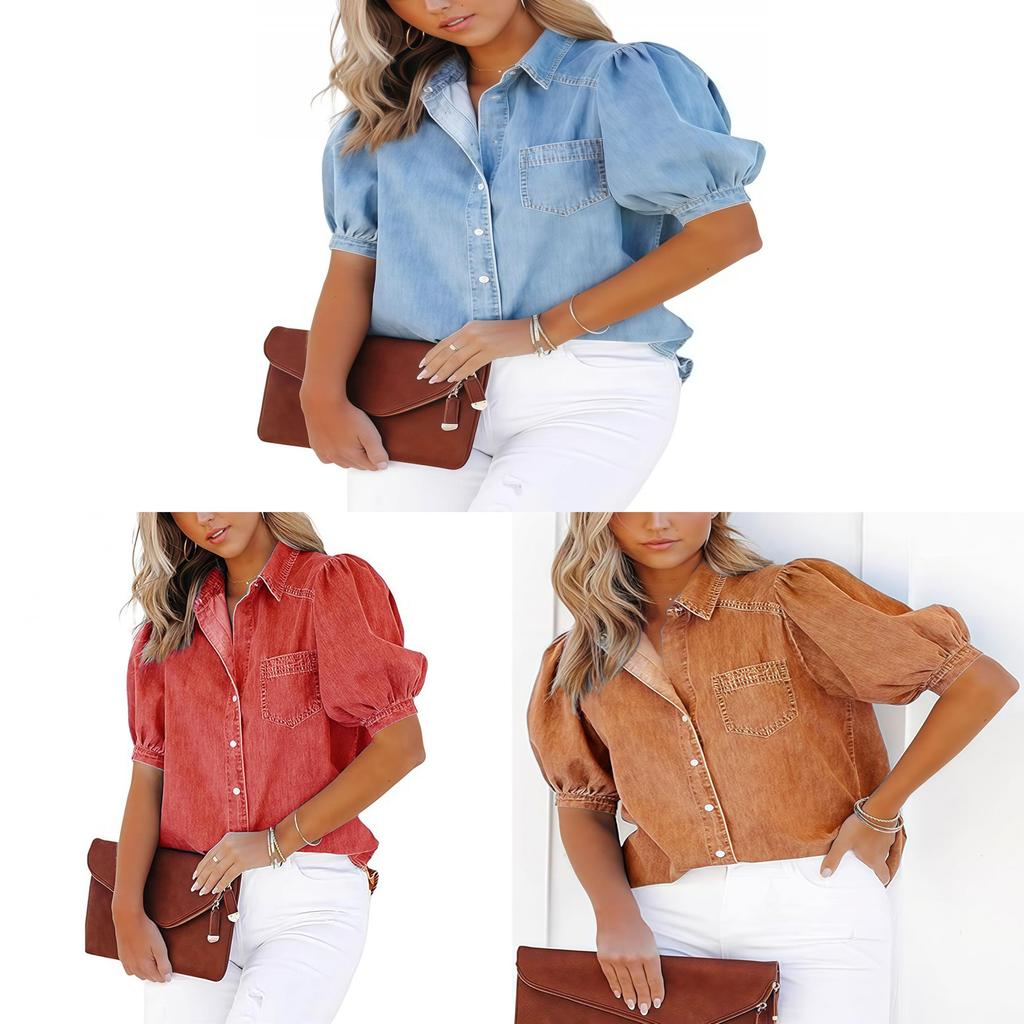 Cotton Blended Short Sleeve Shirt With Color Blocking For Office Women