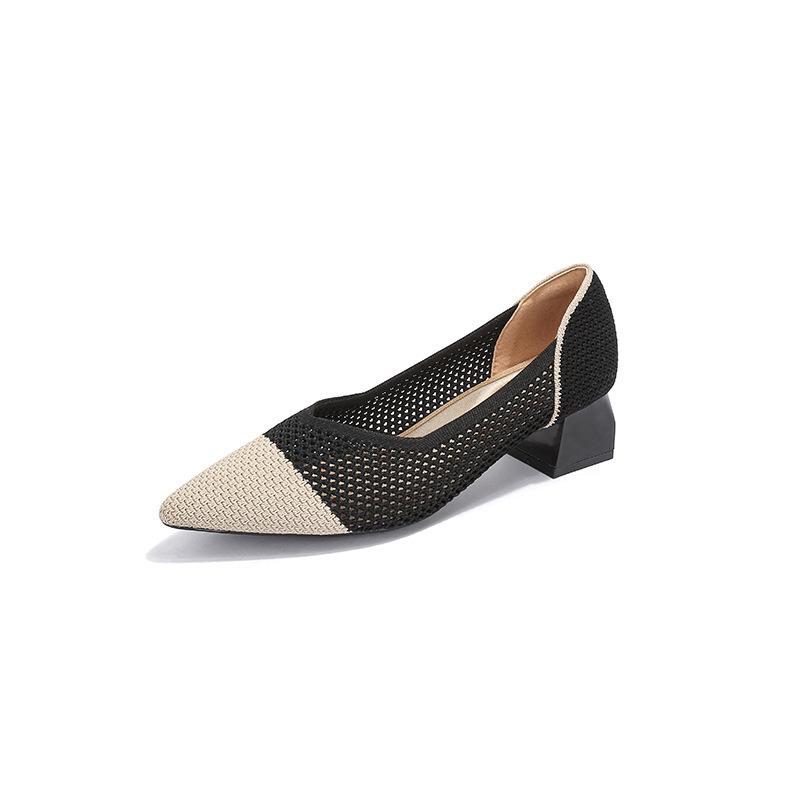 Spring and summer hollow flying knitting breathable knitting women's shoes pointed thick heel medium heel single shoes