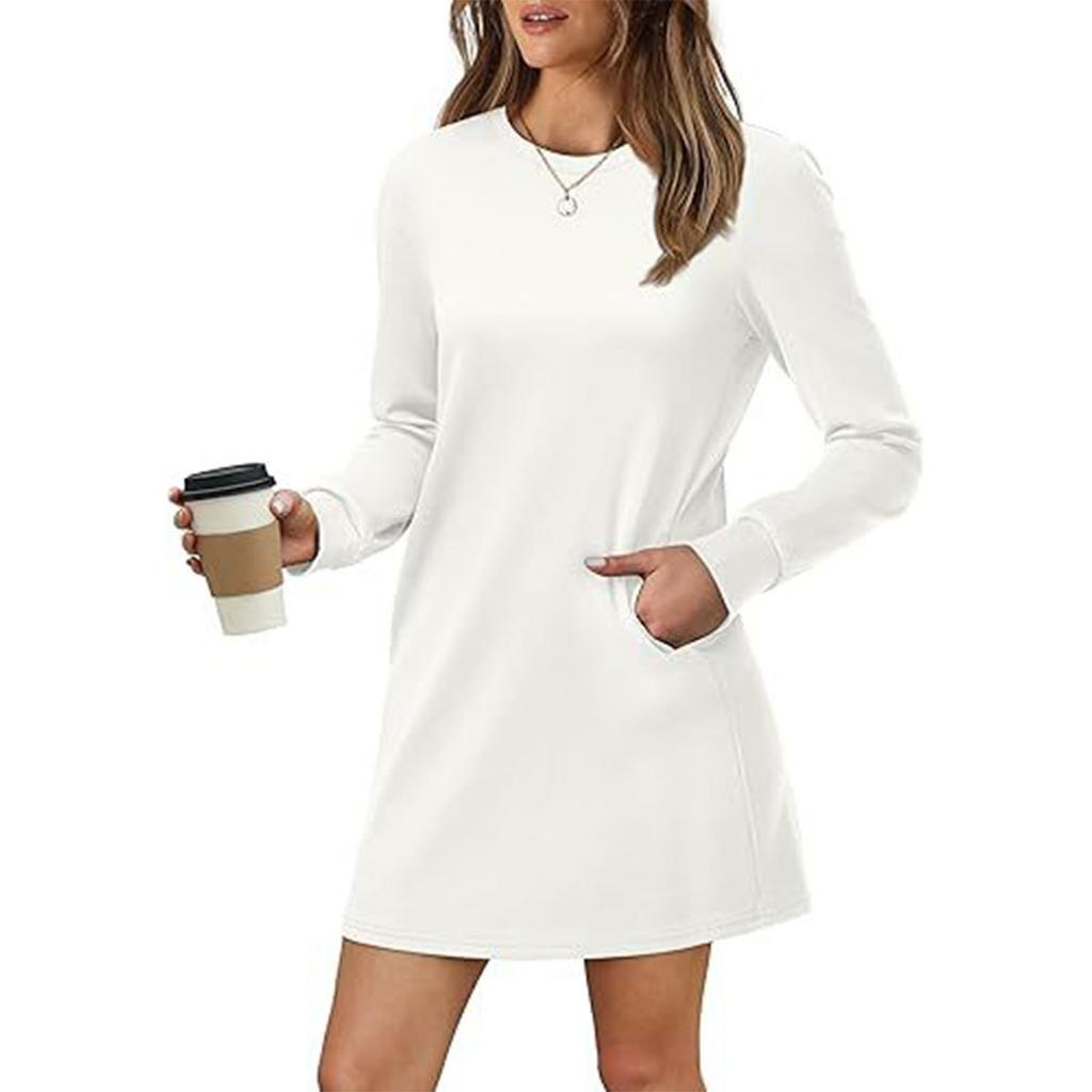 HNXC Women's Fashion Autumn Winter Solid Color Print Long Sleeve O-Neck  Casual Dresses