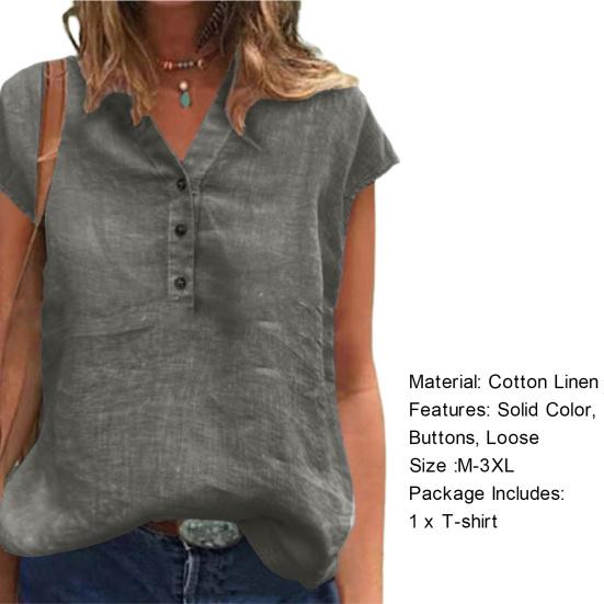 V-hals kortermet knapper enkel t-skjorte dame ensfarget genser topp dameklær