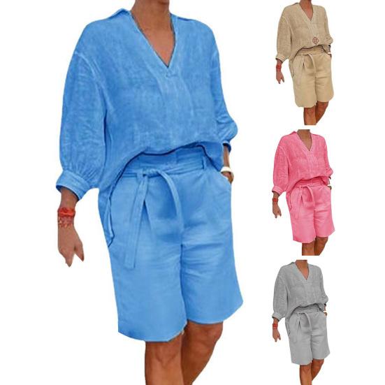 2 Pcs/Set Women Shirt Shorts Set Solid Color Three Quarter Sleeves V Neck Blouse High Waist Loose Knee Length Pants Set Casual Outfit