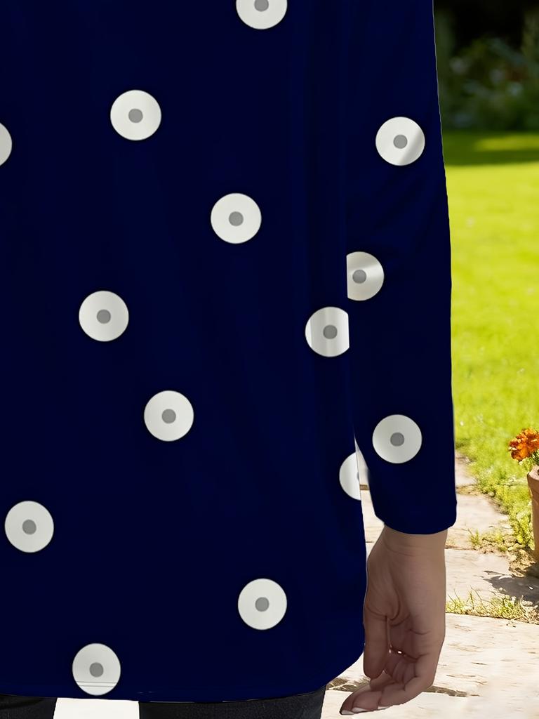 Women's dark blue polka dot loose long-sleeved T-shirt with pockets, women's spring and autumn new Korean version casual top,