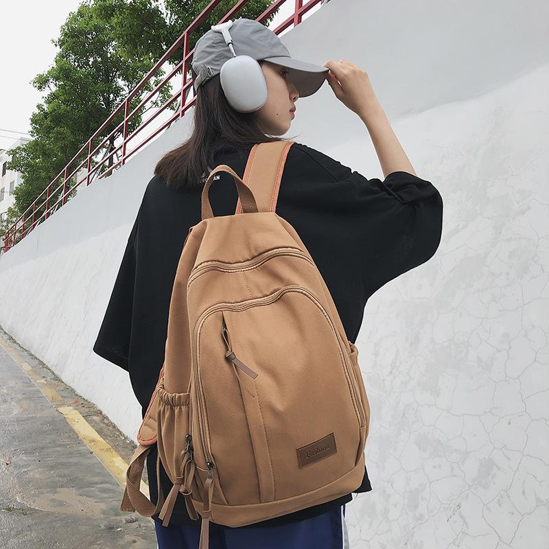 Schoolbag Backpack Women's Fashion Retro American Solid Color Korean Edition Trend Japanese Korean Edition Solid Color Cotton School Bag