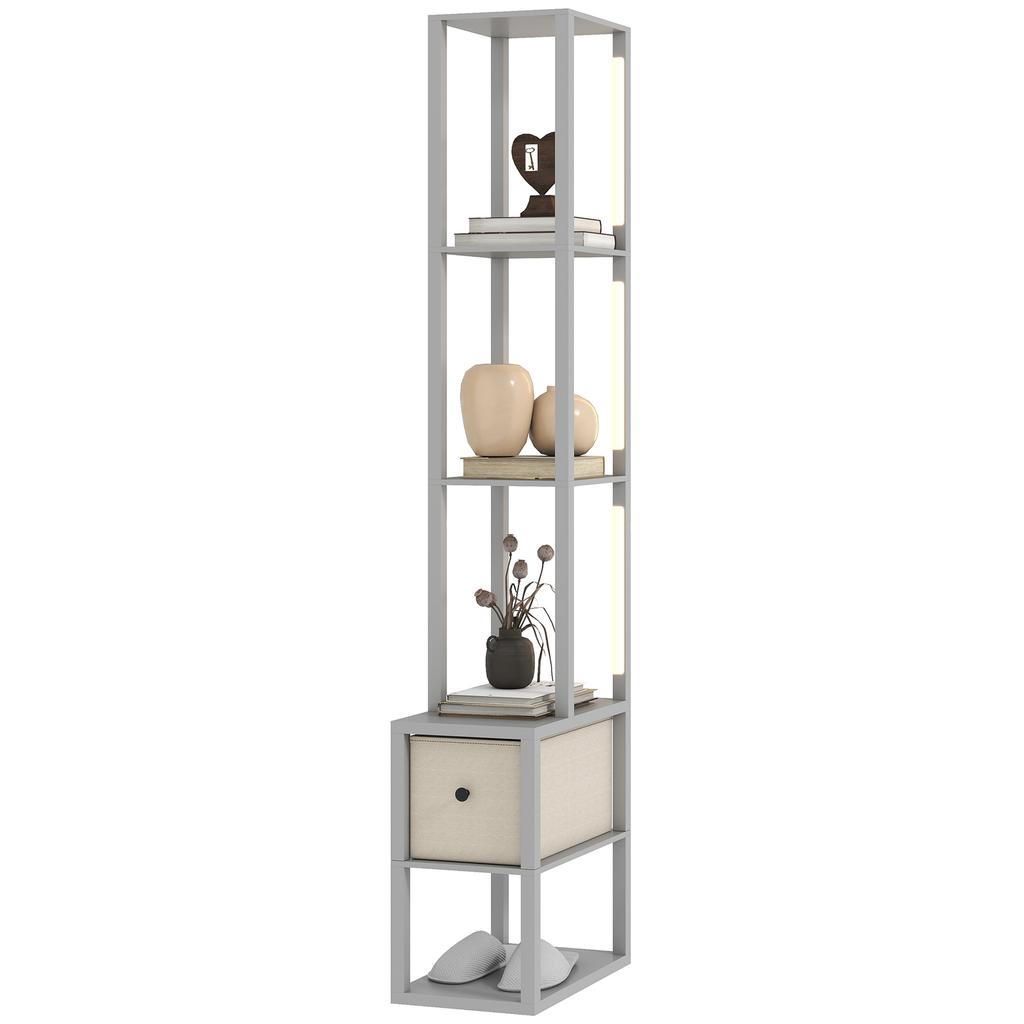 Floor Lamp with Shelves, LED Column Modern Standing Lamp with Fabric Drawer, Adjustable Brightness, Foot Switch for Living Room, Bedroom, Office, Grey