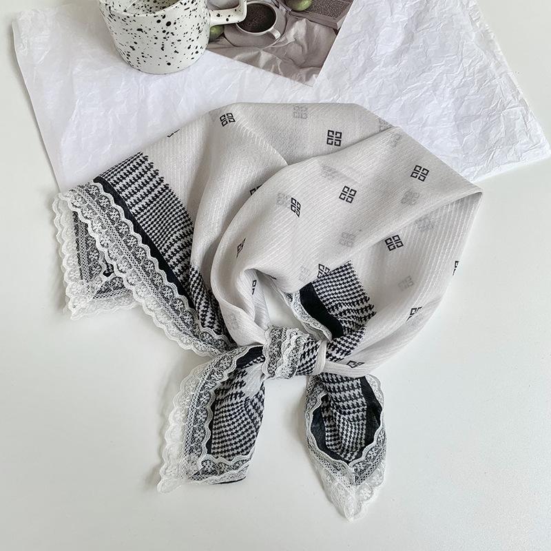 Silk Scarf Neck Small Square Scarf Lace Striped Cashew Nut Silk Scarf Spring and Summer Light Headscarf Headband Decorative Scarf