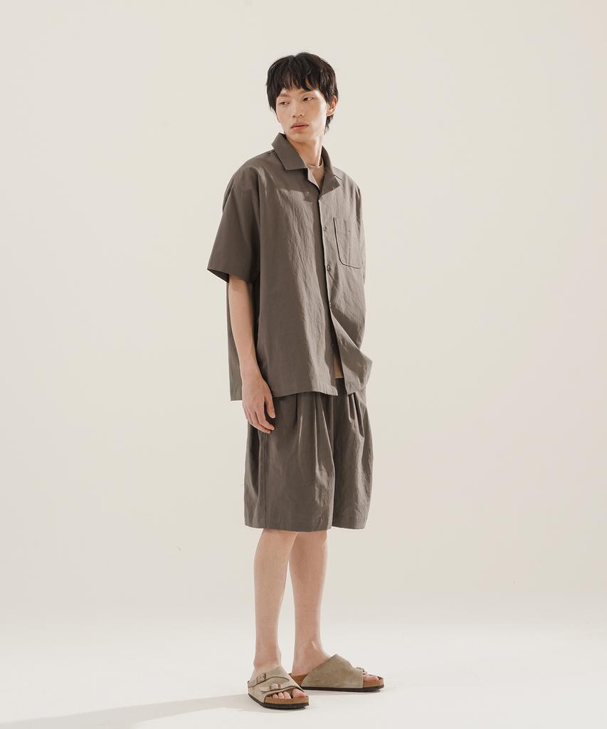 JEMUT Open Collar Linen-Like Short Sleeve Shirt Brown Kjss2622